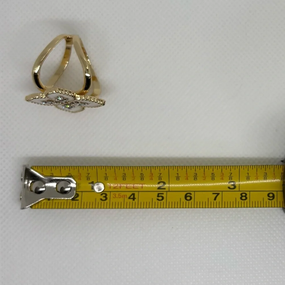 Chic Gold & White Enamel Clover Flower Scarf Ring Clip Rhinestone - Picture 12 of 13